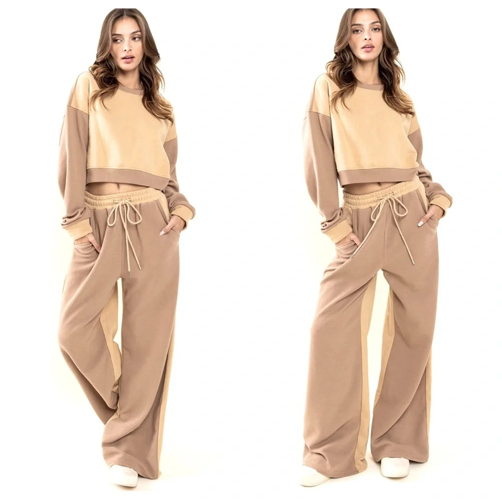 01 Comfy Waffle Contrast Sweatshirts and Pants Set - Picture 2 of 4